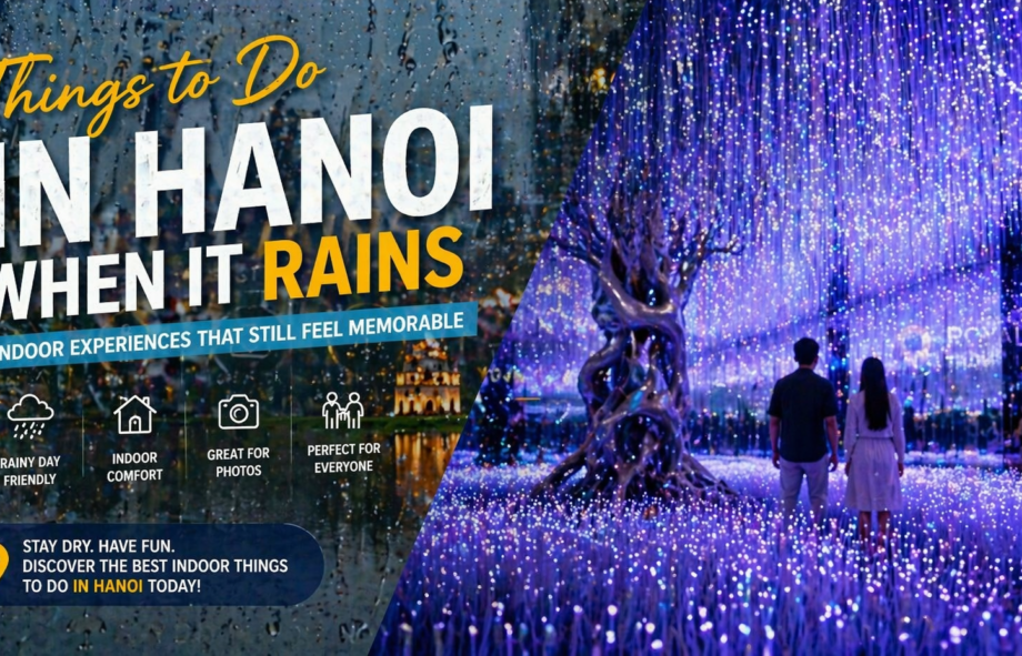Rainy day Hanoi indoor activities illustration with neon lights.
