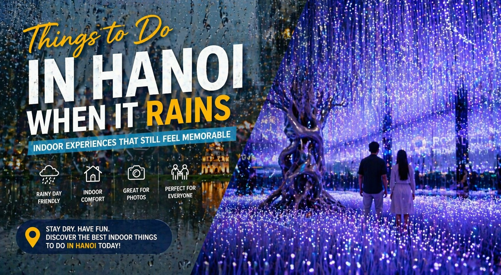 Rainy day Hanoi indoor activities illustration with neon lights.