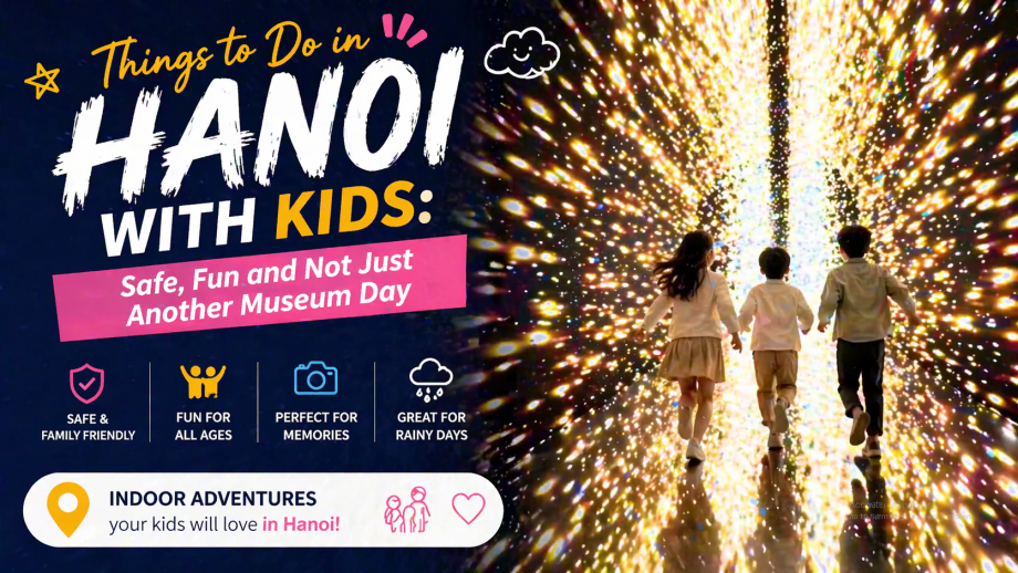 Family-friendly Hanoi indoor activity illustration with colorful immersive rooms.