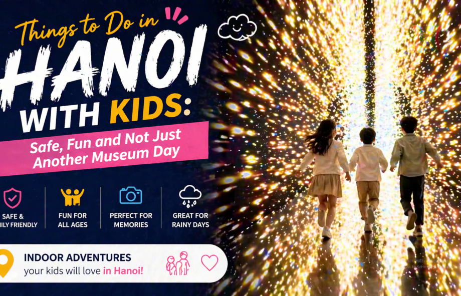 Family-friendly Hanoi indoor activity illustration with colorful immersive rooms.