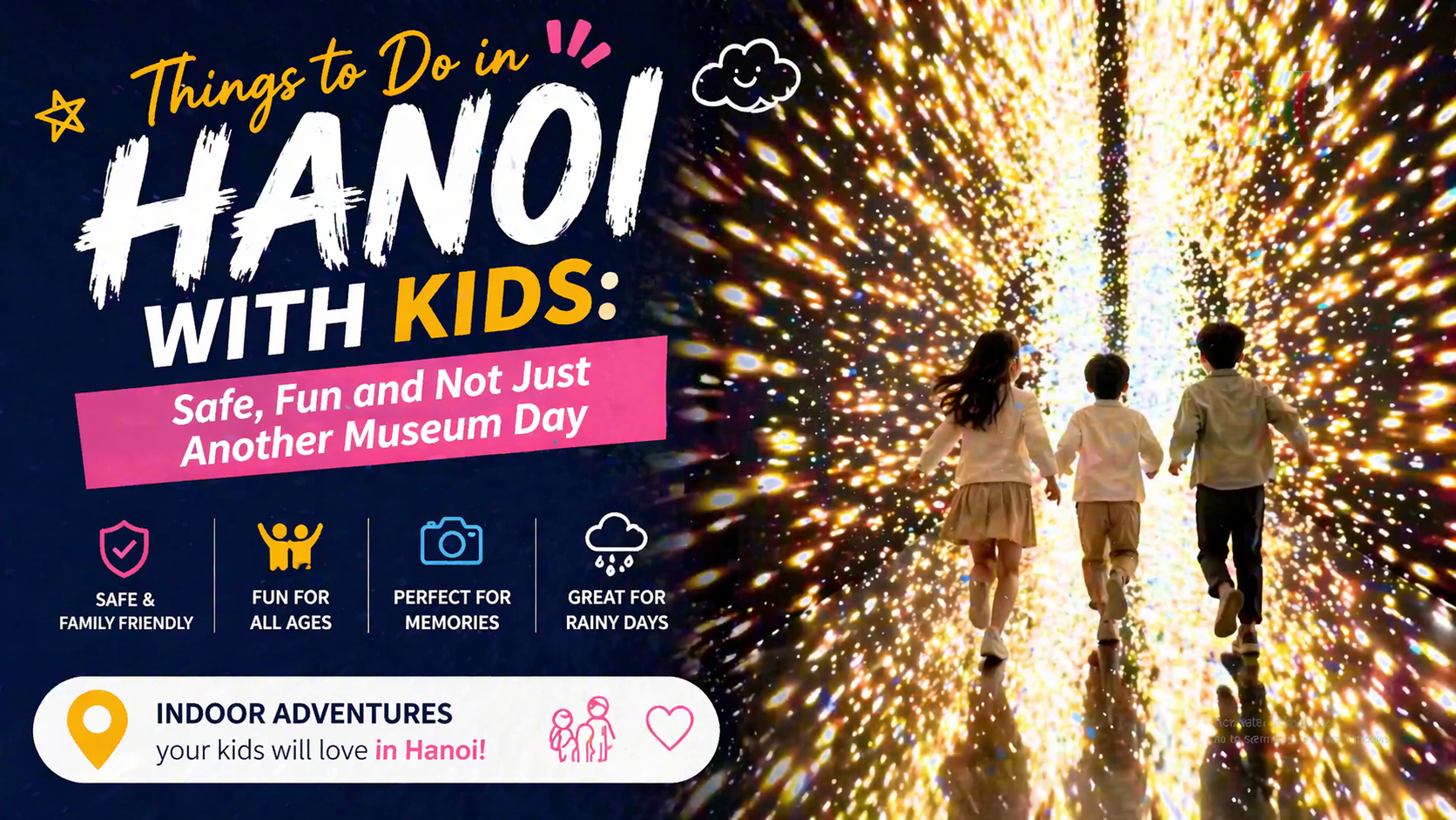 Family-friendly Hanoi indoor activity illustration with colorful immersive rooms.