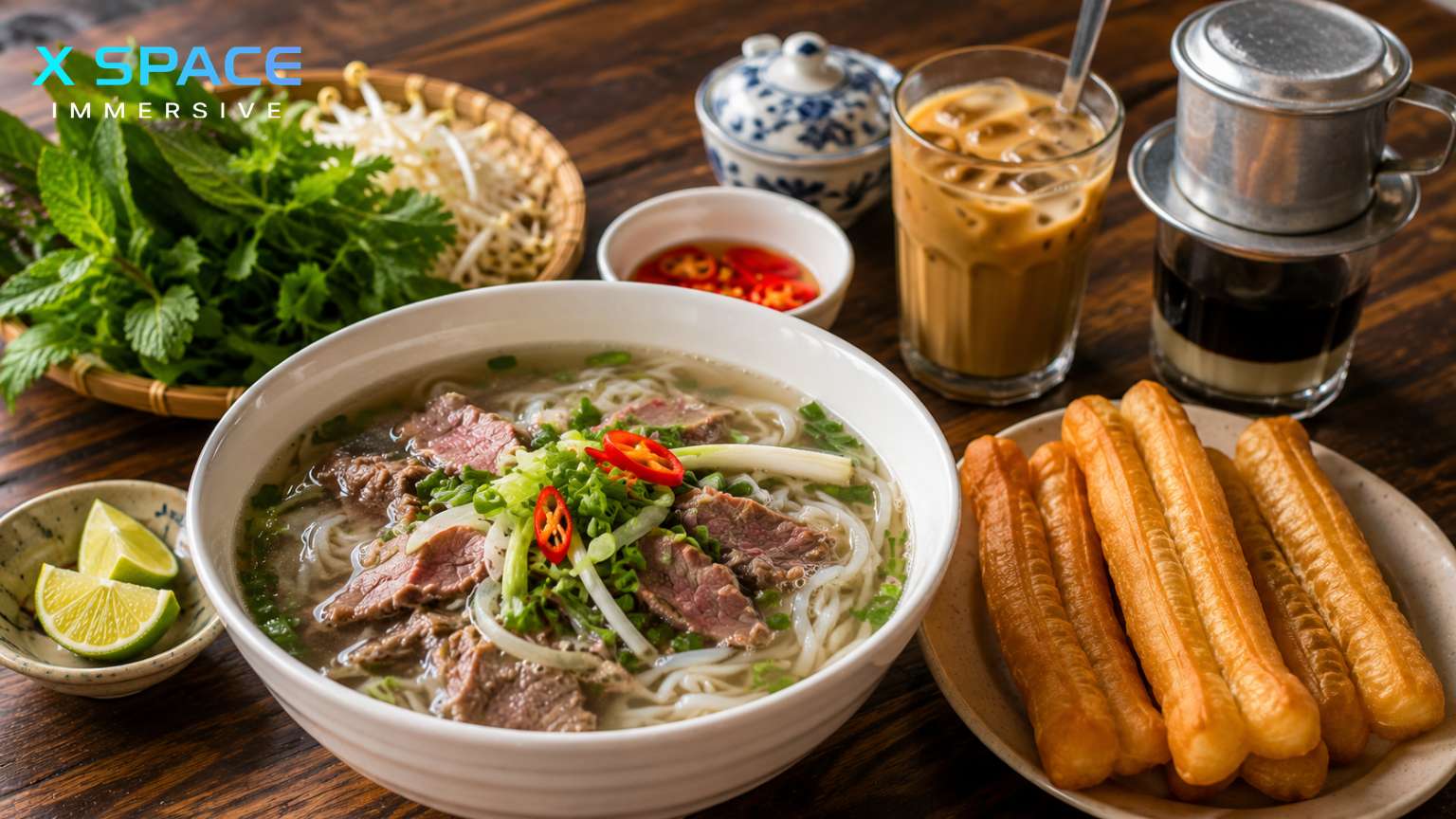 Traditional Hanoi breakfast with pho, Vietnamese coffee and fresh herbs