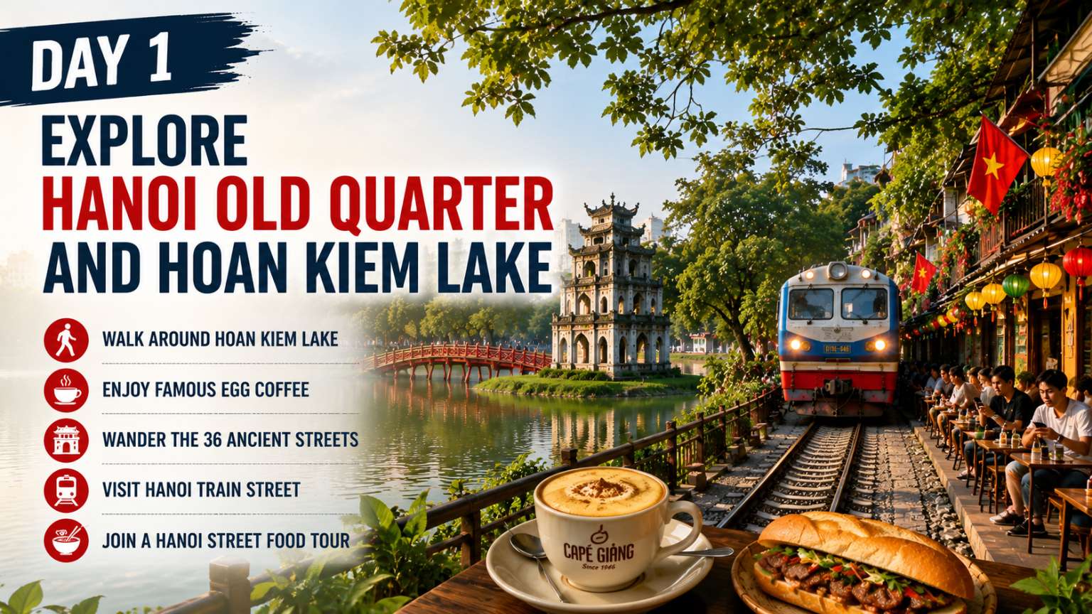 Hanoi Old Quarter and Hoan Kiem Lake itinerary day 1 with Train Street and Egg Coffee