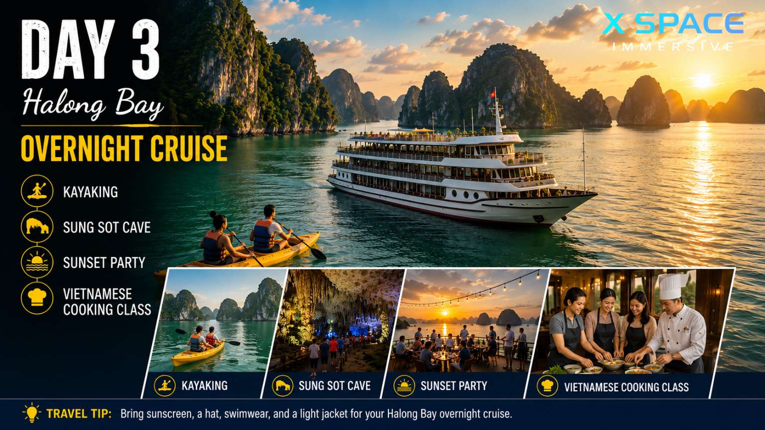 Day 3 Halong Bay overnight cruise with kayaking, Sung Sot Cave and sunset over limestone islands