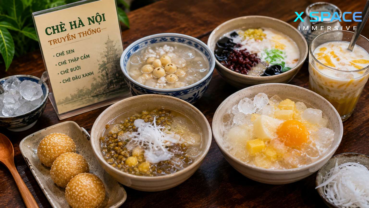 Traditional Hanoi desserts including che, sesame balls and coconut sweet soup