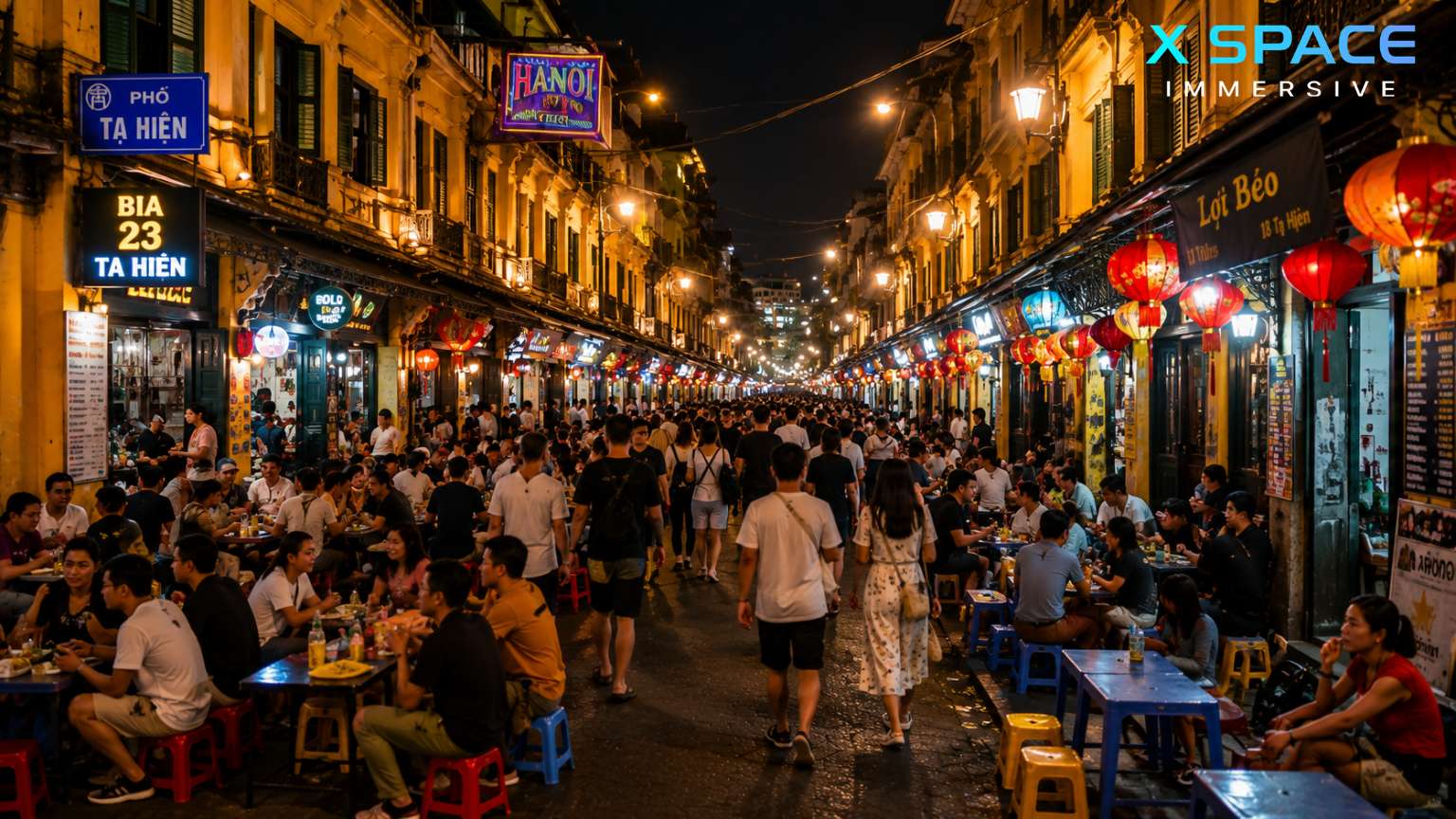 Hanoi Old Quarter at night with vibrant streets, cafes and local nightlife