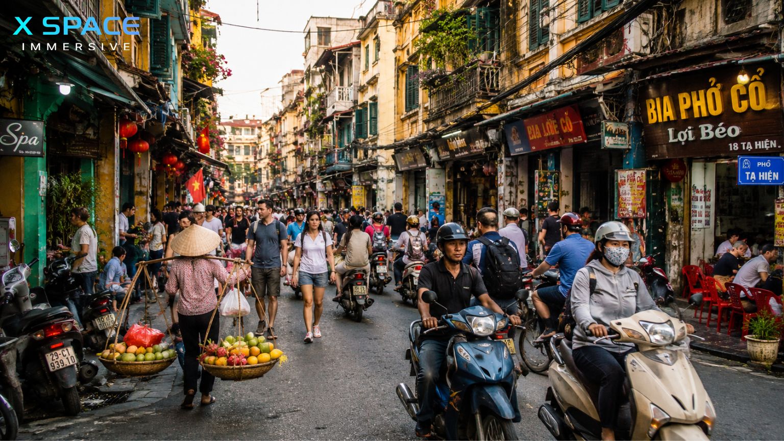 Traditional street life in Hanoi Old Quarter Vietnam