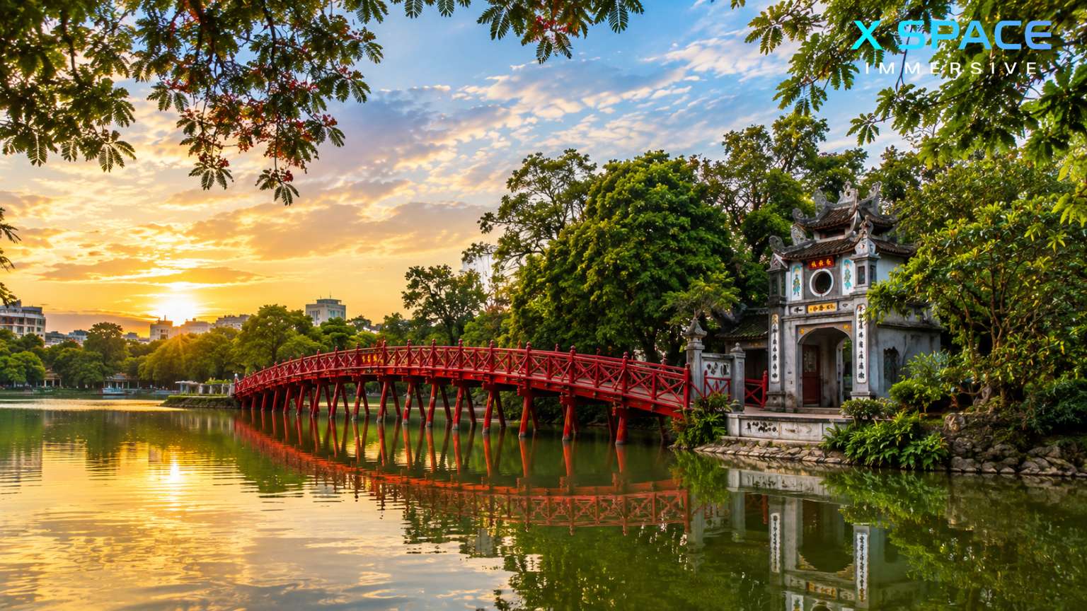 Hoan Kiem Lake and Ngoc Son Temple in Hanoi at sunset
