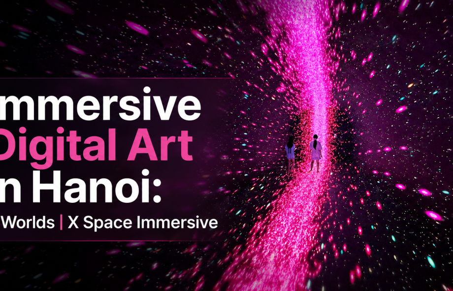 Immersive digital art experience in Hanoi at X Space Immersive with visitors exploring a glowing galaxy room