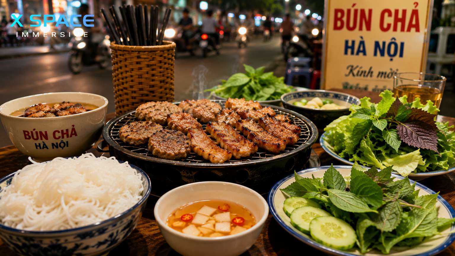 Bun Cha Hanoi served with grilled pork, rice noodles and fresh herbs at a local restaurant