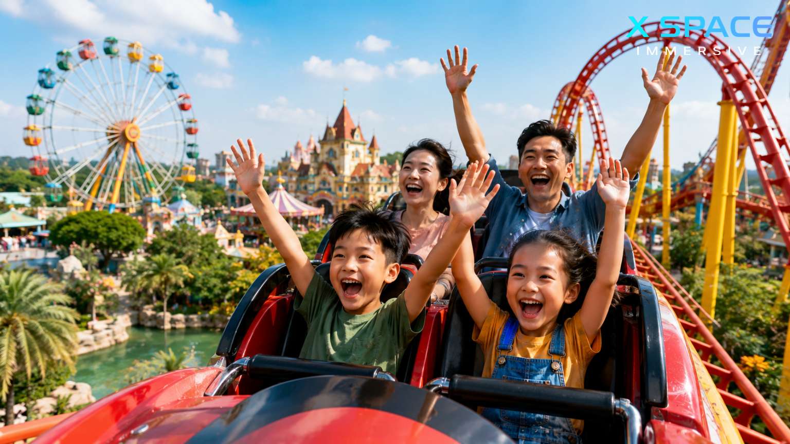 Family enjoying roller coaster rides at Bao Son Paradise Park in Hanoi