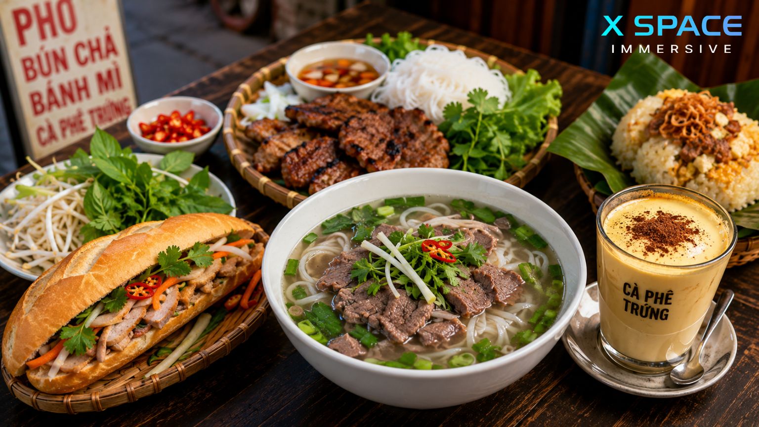Traditional Vietnamese food in Hanoi Old Quarter including pho, bun cha, banh mi and egg coffee