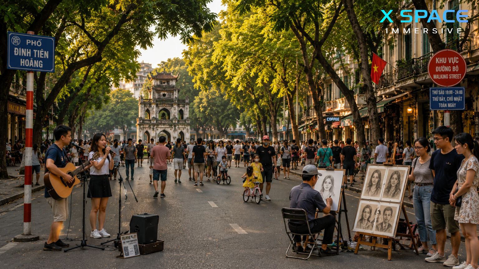 Weekend walking street near Hoan Kiem Lake during autumn in Hanoi Old Quarter