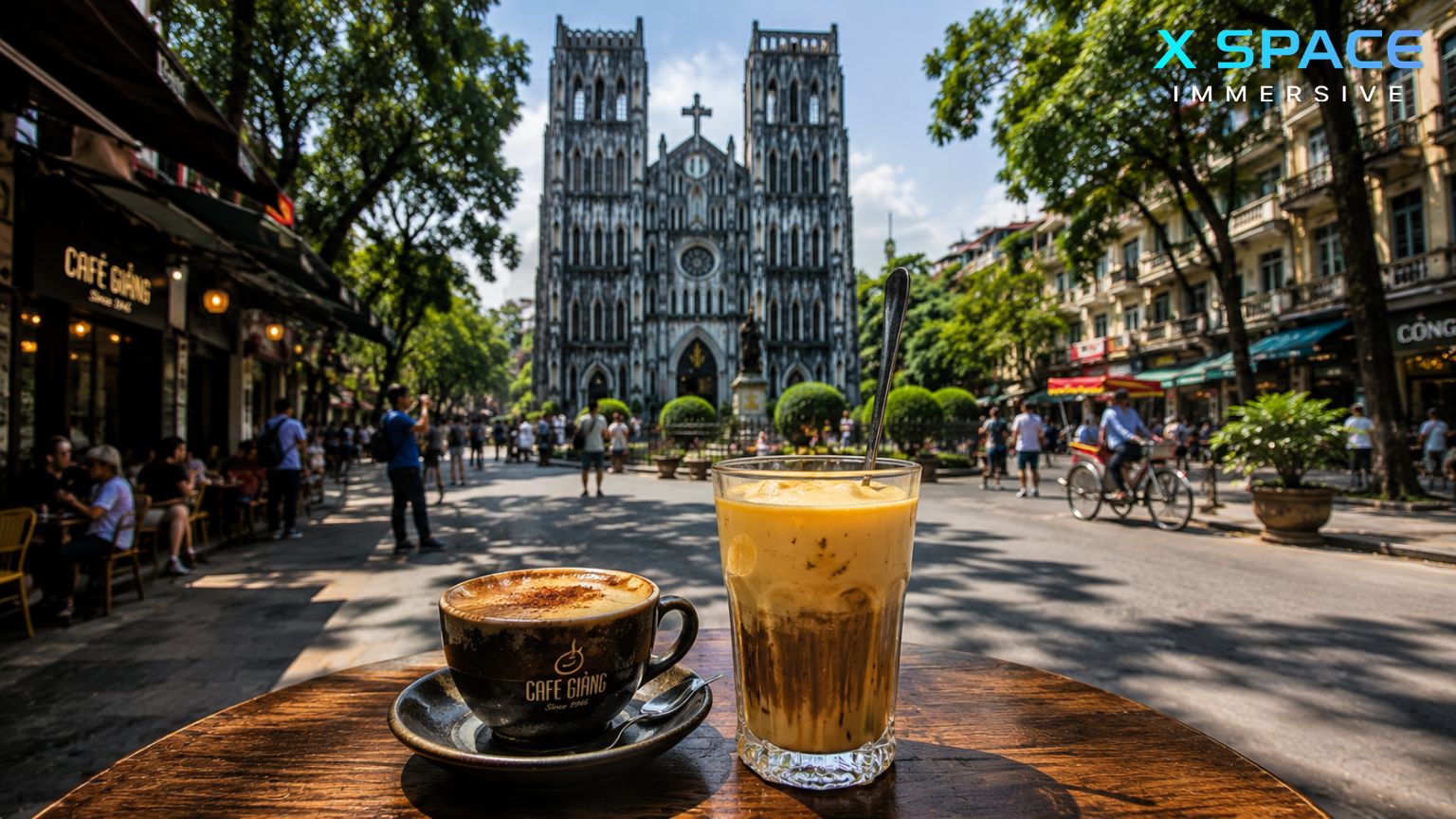 Enjoying Vietnamese egg coffee with Cathedral Hanoi Vietnam in the background