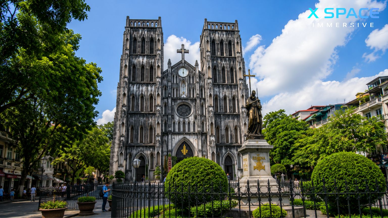 Neo-Gothic architecture of Cathedral Hanoi Vietnam viewed from the front square