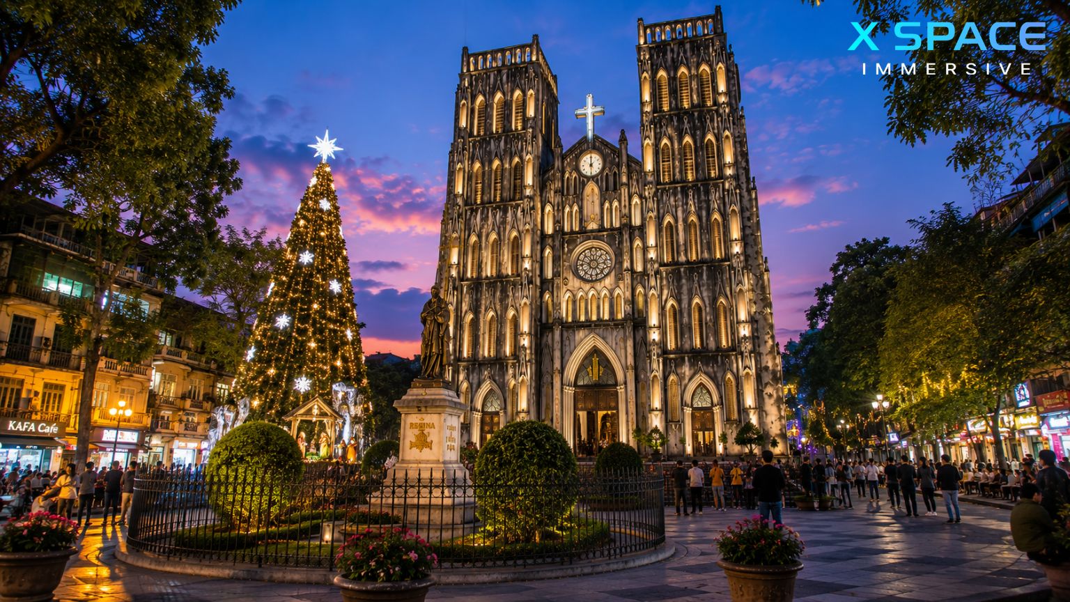 Night view of Cathedral Hanoi Vietnam illuminated during blue hour