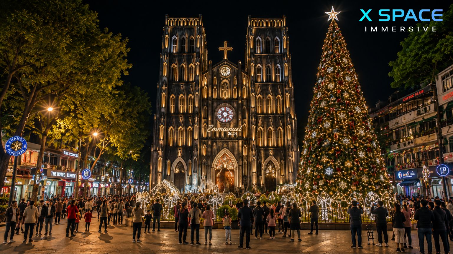 Christmas lights and festive atmosphere at St. Joseph's Cathedral in Hanoi