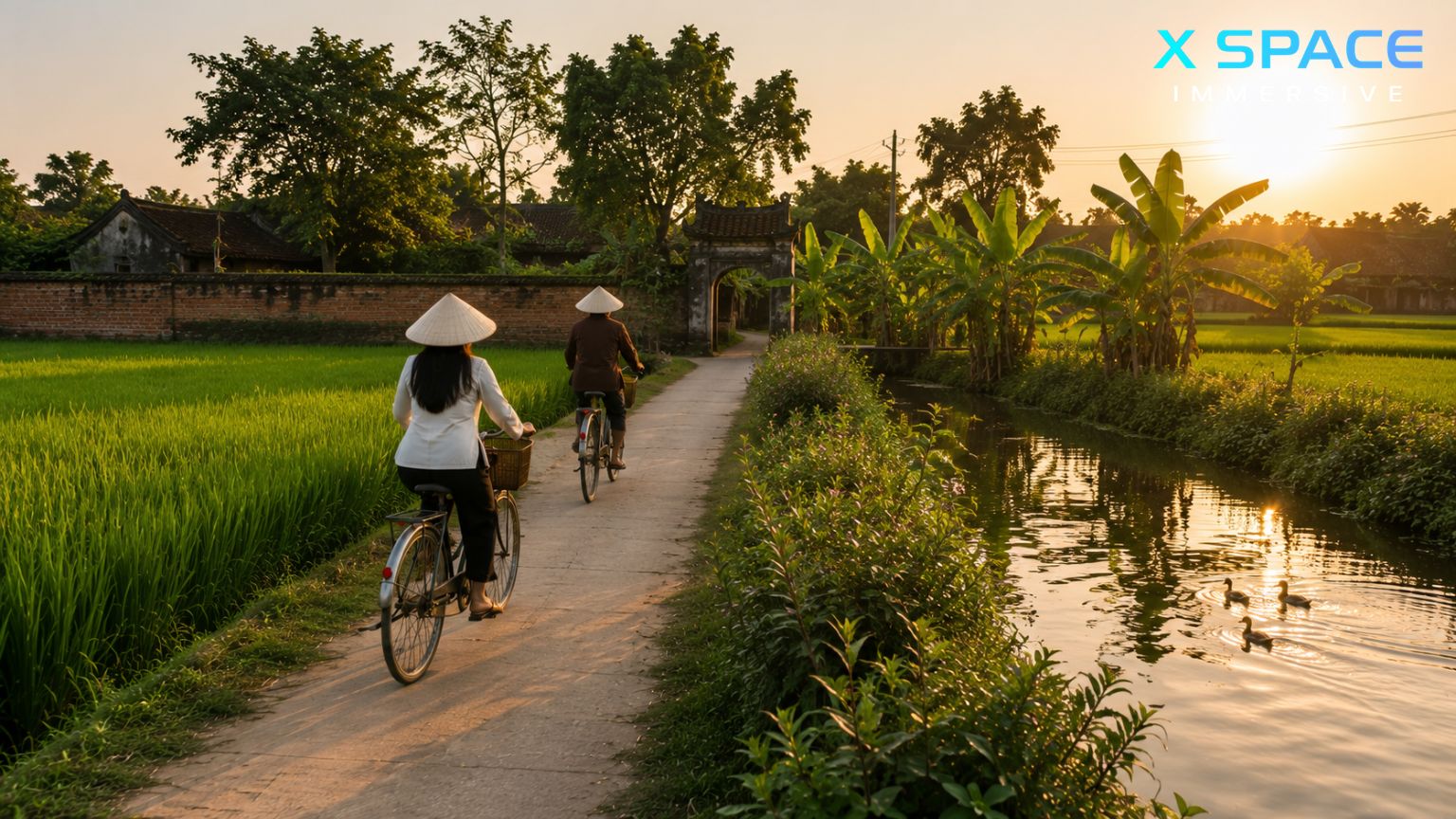 Cycling through peaceful countryside in Duong Lam Ancient Village, Vietnam