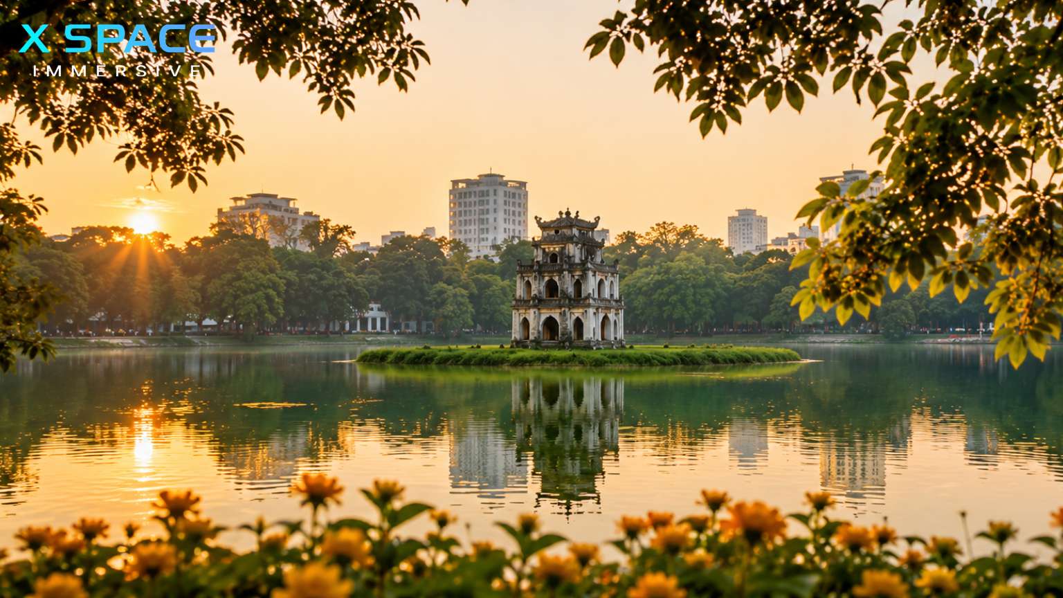 Hoan Kiem Lake at sunrise with Turtle Tower in Hanoi