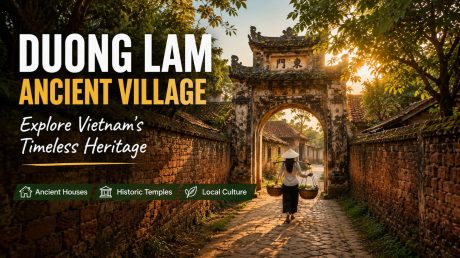 Duong Lam Ancient Village entrance with traditional laterite gate and ancient houses near Hanoi