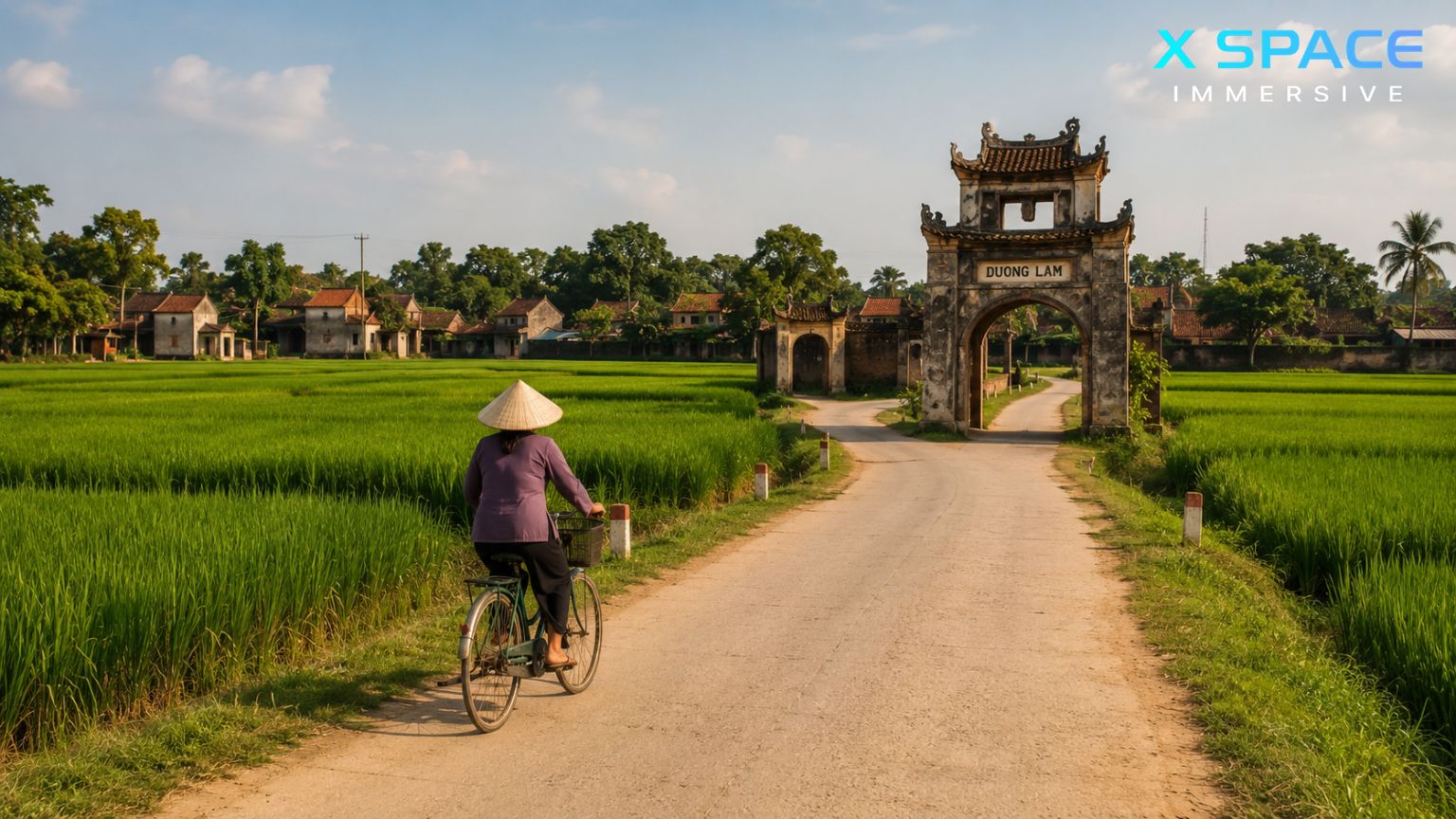 Road leading to Duong Lam Ancient Village surrounded by rice fields near Hanoi, Vietnam