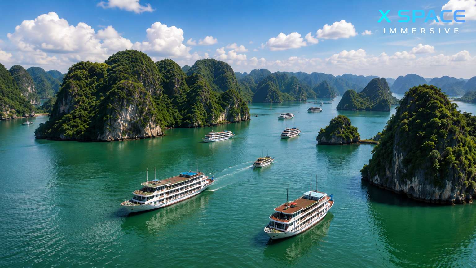 Cruise boats sailing through the limestone karsts of Ha Long Bay in northern Vietnam