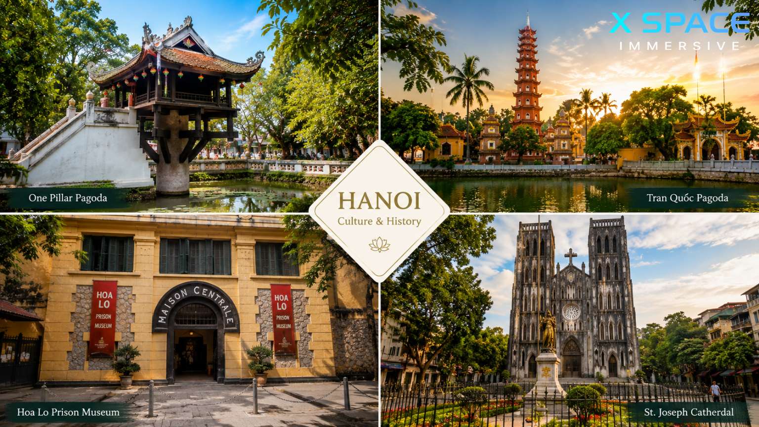Historical and cultural attractions in Hanoi including One Pillar Pagoda and Tran Quoc Pagoda