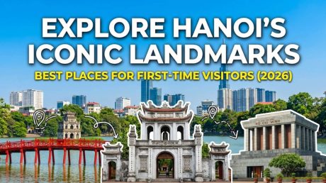 A comprehensive Hanoi travel guide thumbnail featuring famous landmarks like the Huc Bridge, Temple of Literature, and Ho Chi Minh Mausoleum for first-time visitors.