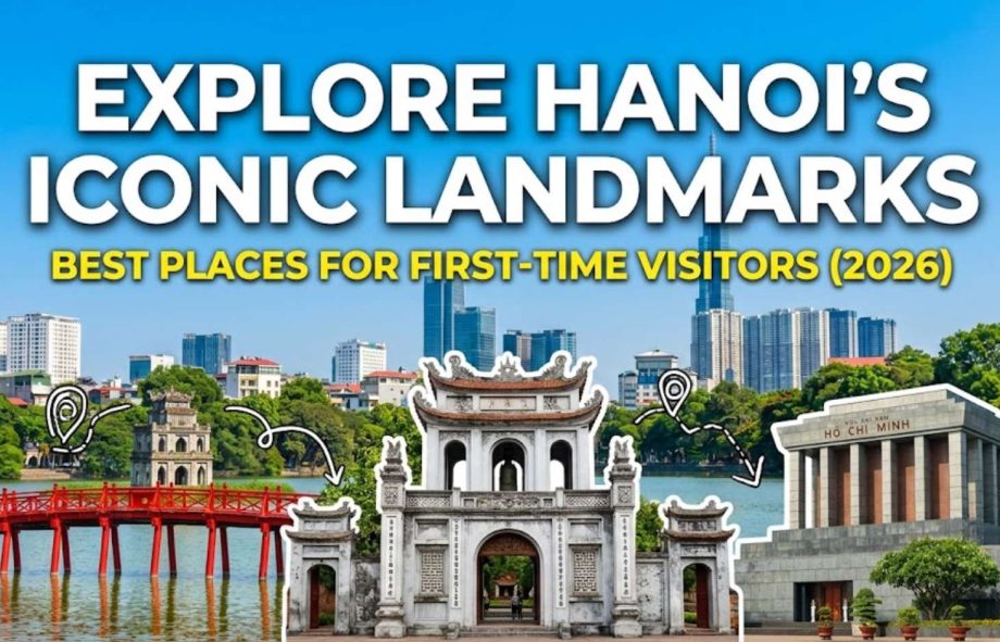 A comprehensive Hanoi travel guide thumbnail featuring famous landmarks like the Huc Bridge, Temple of Literature, and Ho Chi Minh Mausoleum for first-time visitors.
