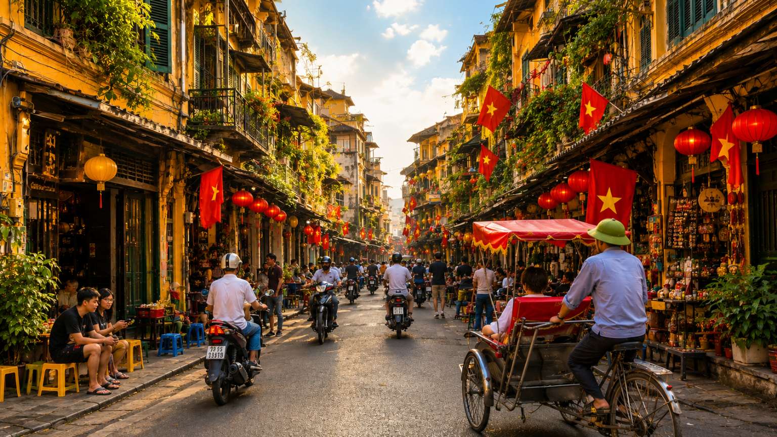 Hanoi Old Quarter street with shops lanterns and local life