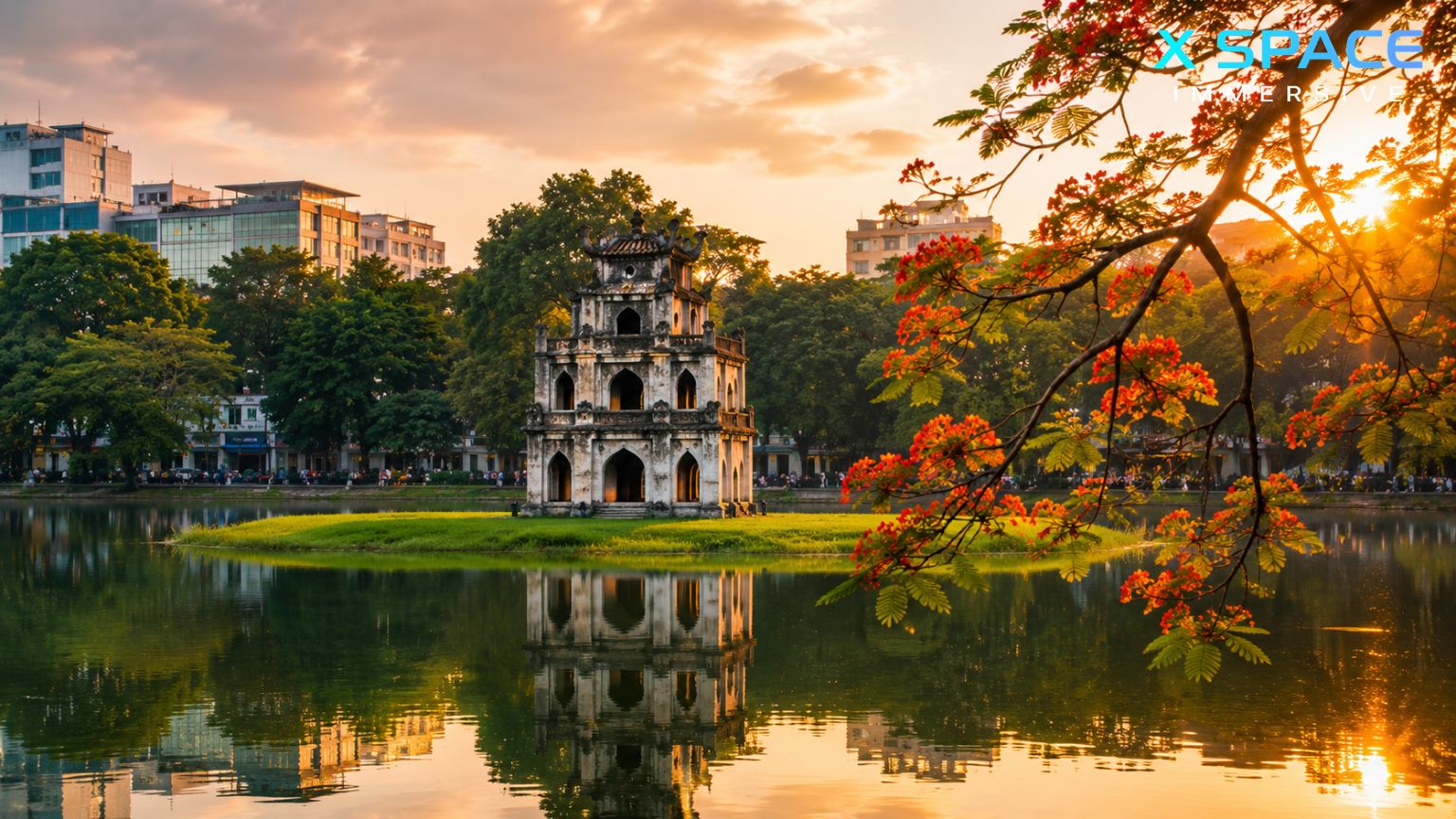 Hoan Kiem Lake and Turtle Tower near Hanoi Old Quarter at sunset