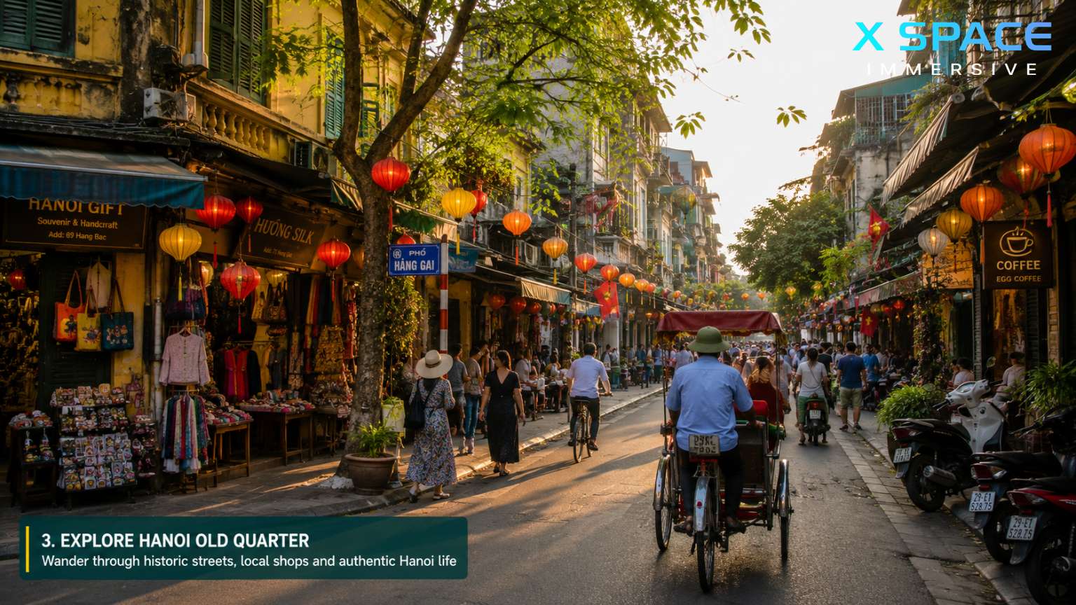 Historic streets of Hanoi Old Quarter near Hoan Kiem Lake with local shops, lanterns, and traditional Vietnamese culture