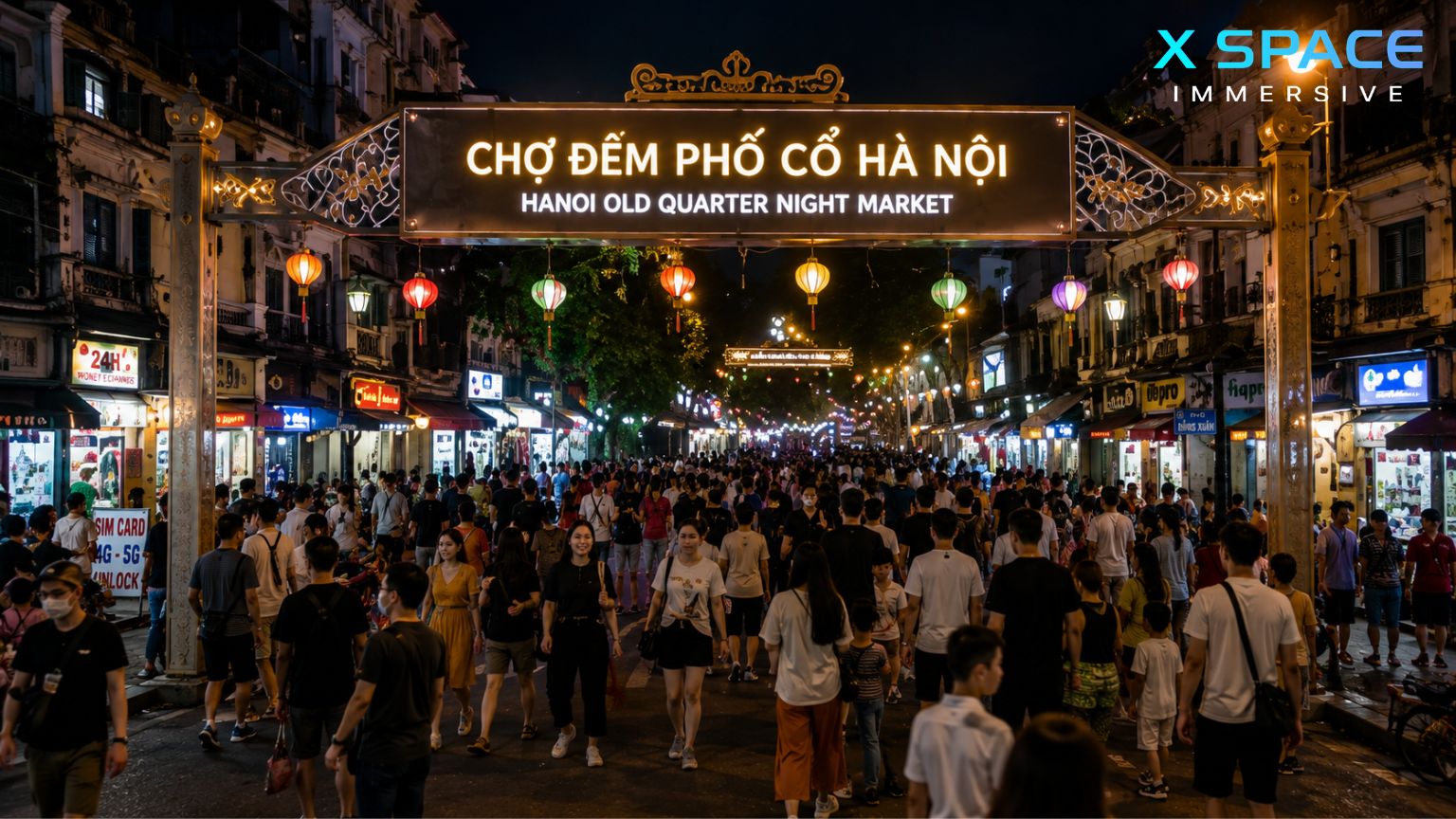 Hanoi Old Quarter Night Market at night with vibrant shopping streets and lanterns