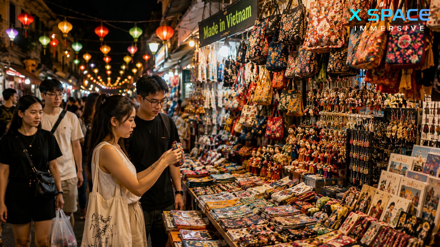 Visitors shopping for handmade souvenirs at the Hanoi Old Quarter Night Market