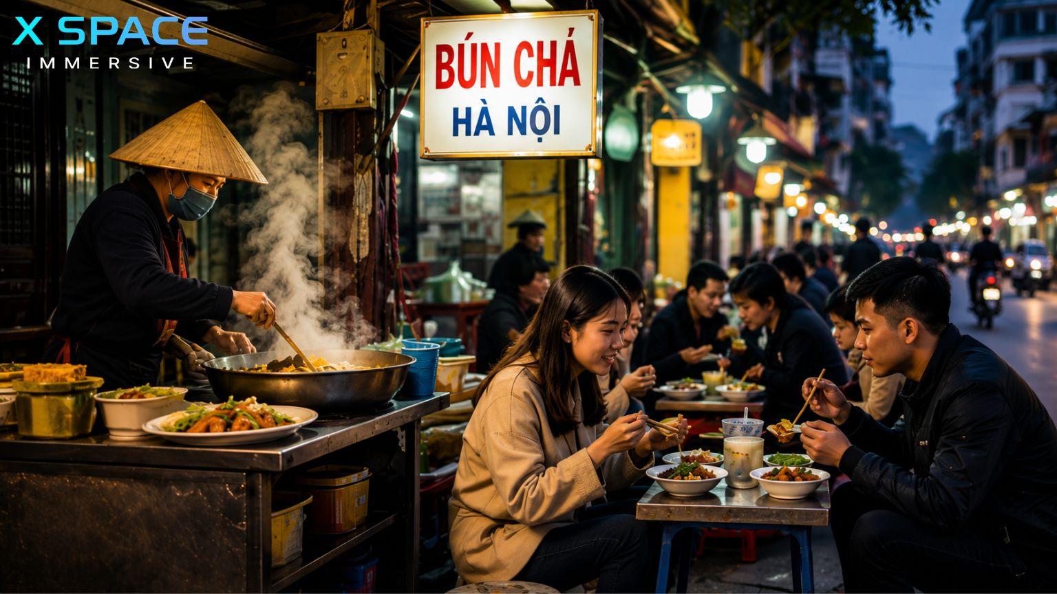 Hanoi Old Quarter street food with locals enjoying bun cha at a traditional street stall