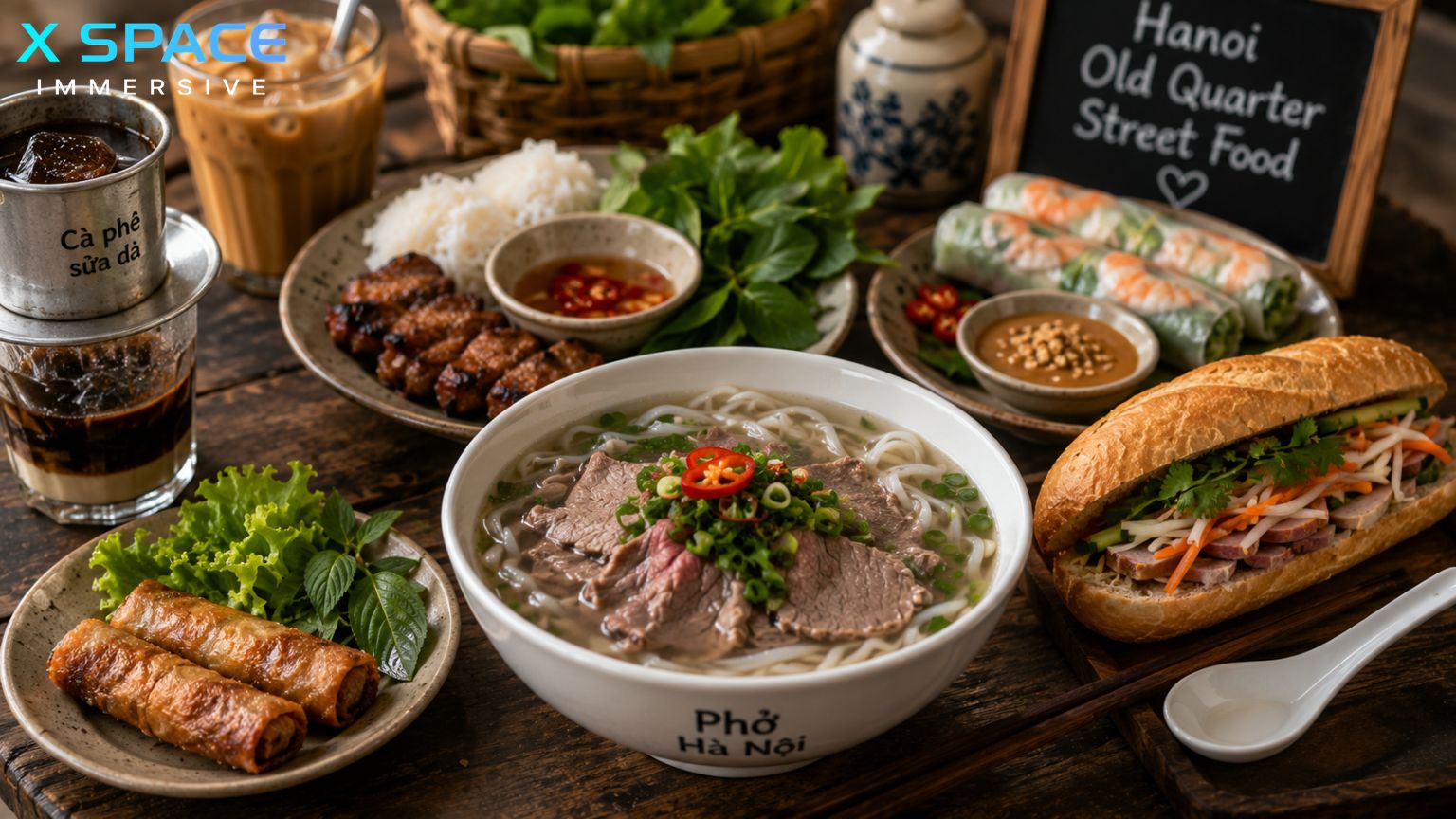 Traditional Vietnamese street food near Hanoi Old Quarter Market including pho, banh mi, and spring rolls