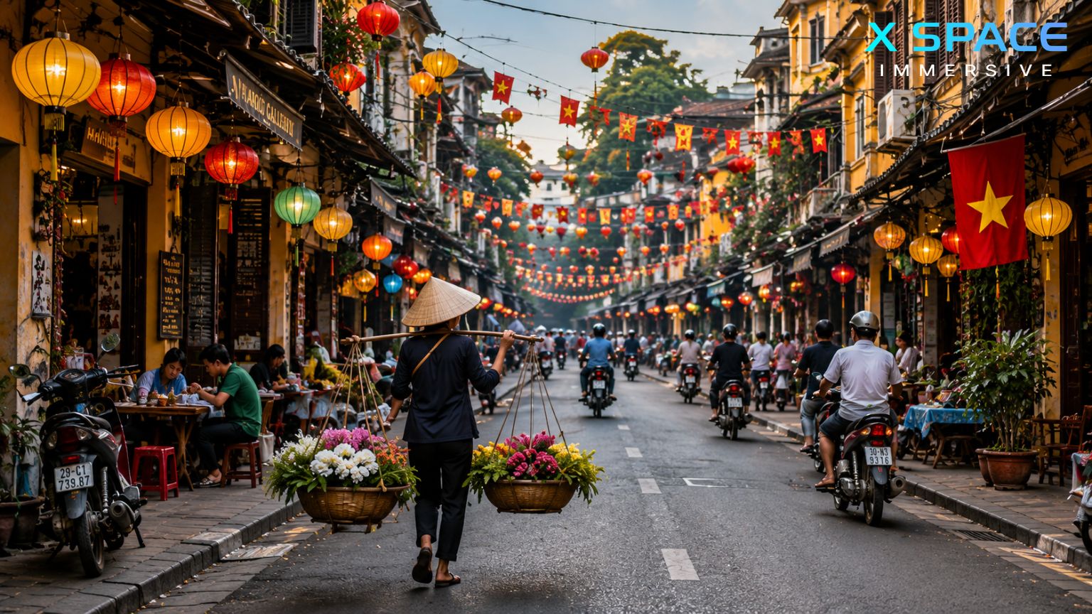 Hanoi Old Quarter street with colorful lanterns, local shops and vibrant daily life