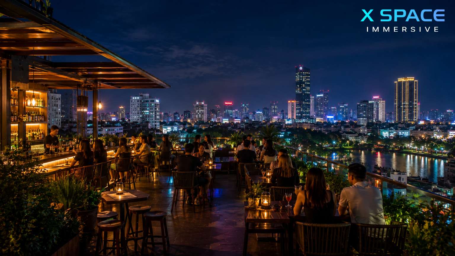 Rooftop bar overlooking Hanoi skyline at night