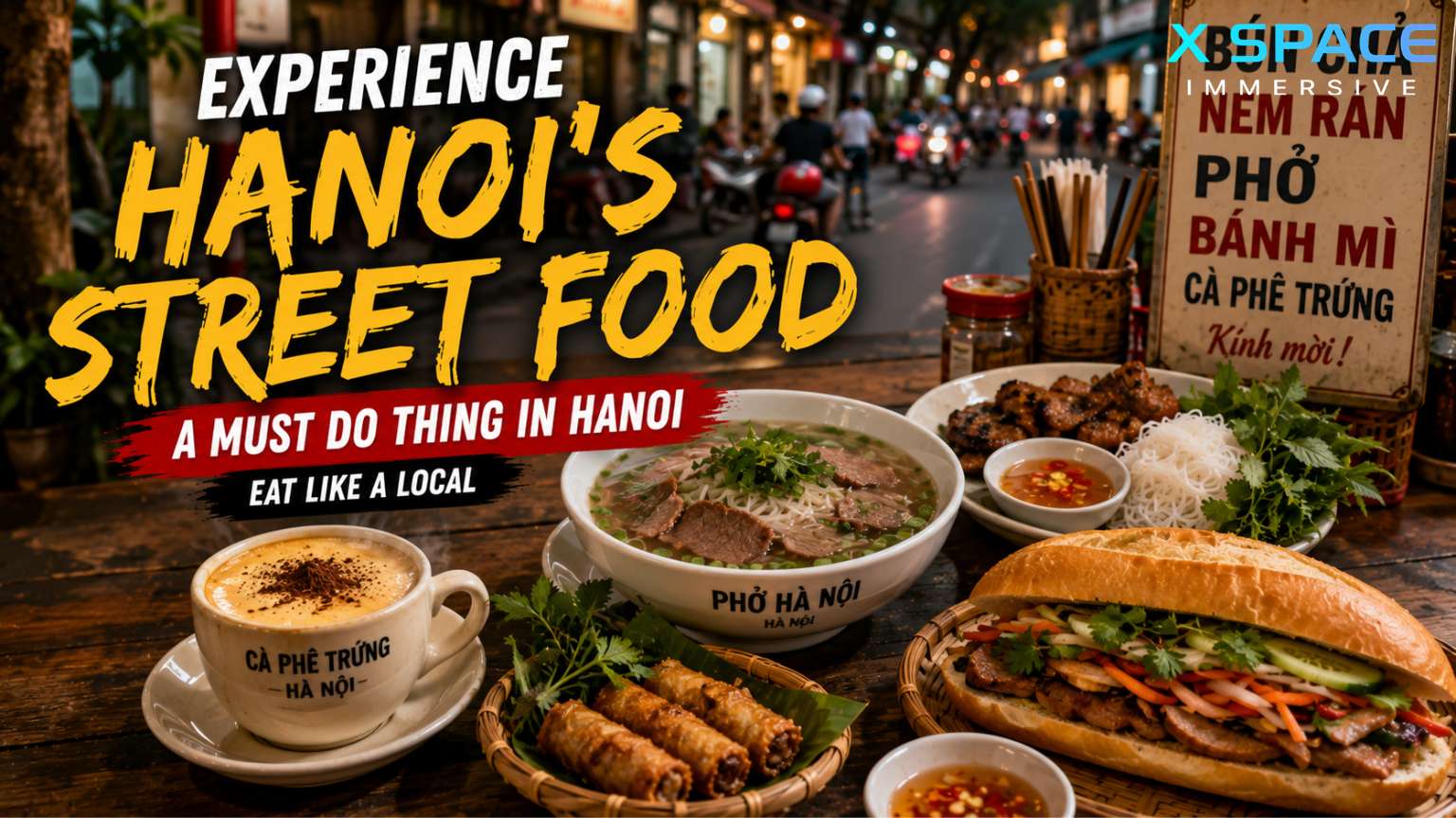Hanoi street food featuring Pho, Bun Cha, Banh Mi and Vietnamese Egg Coffee