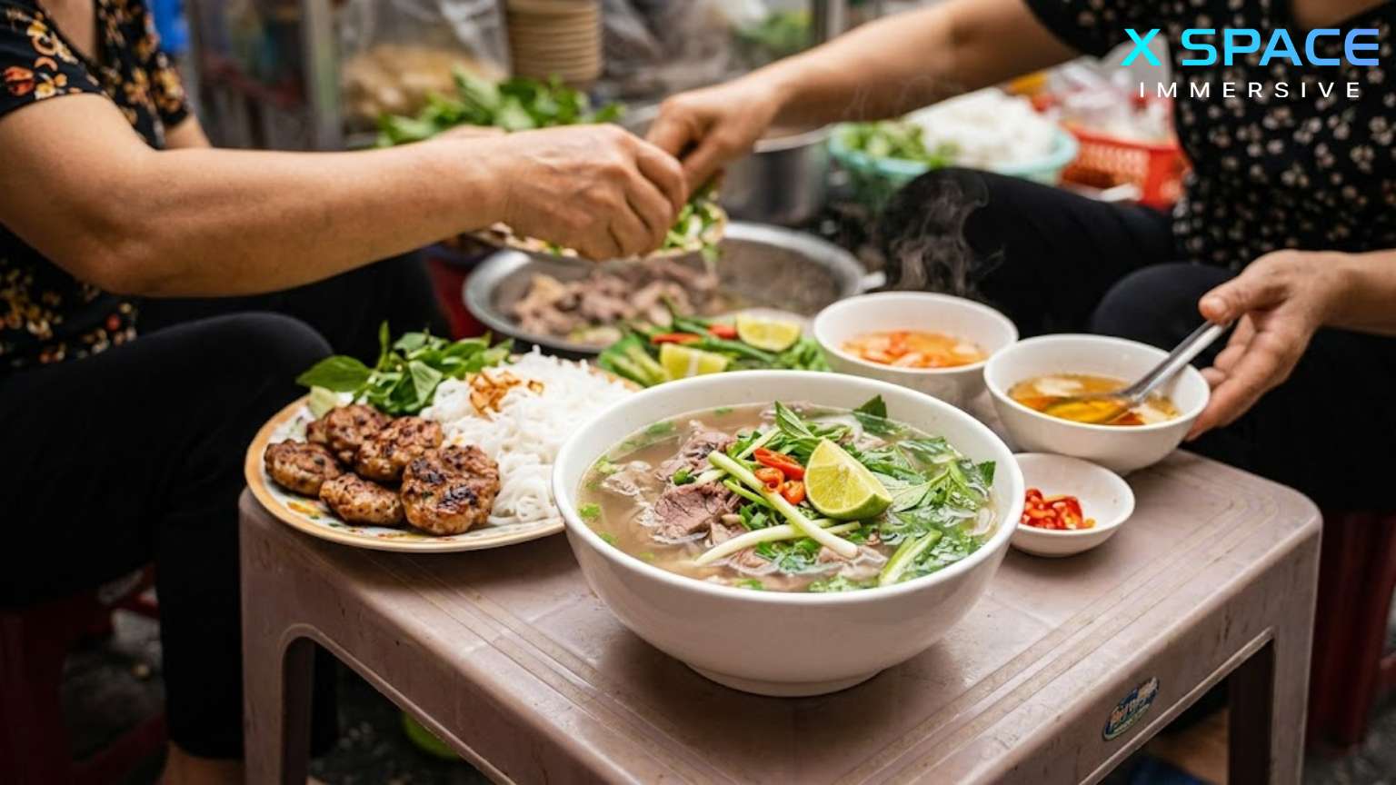A dynamic close-up of traditional hot Pho and authentic Bun Cha at a dynamic Hanoi street stall