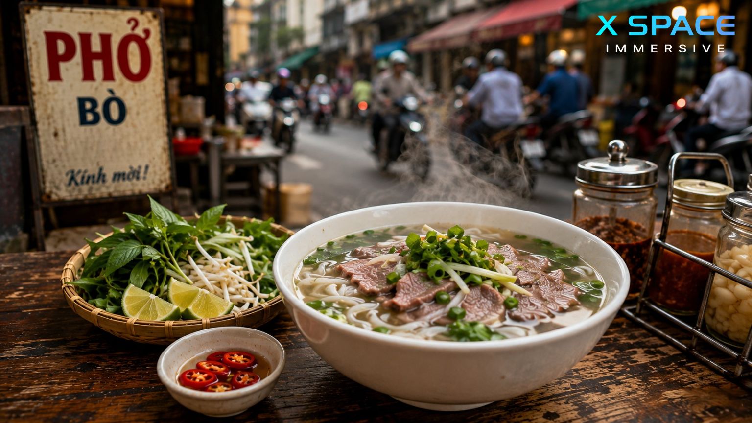 Steaming bowl of Hanoi pho street food during winter in December