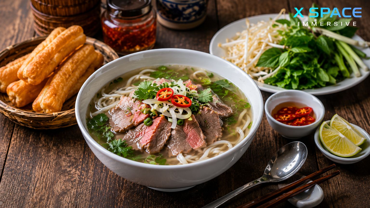 Traditional Hanoi street food featuring Vietnamese beef pho with fresh herbs and local ingredients