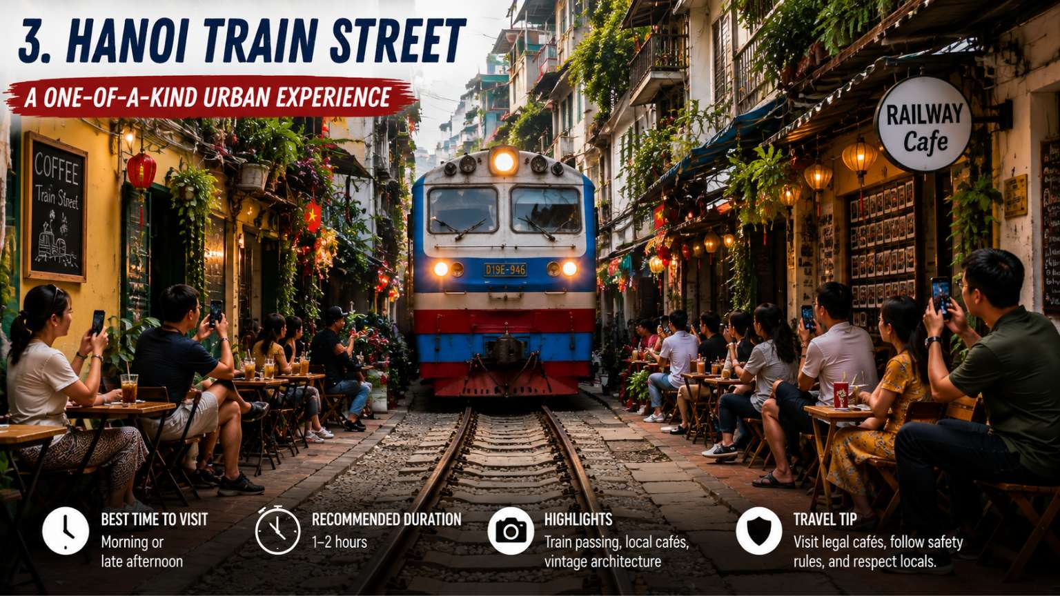 Hanoi Train Street with railway cafes and passing train in the Old Quarter of Hanoi Vietnam