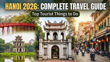 A comprehensive 2026 Hanoi travel guide featuring popular attractions like the Huc Bridge, Old Quarter, and Temple of Literature