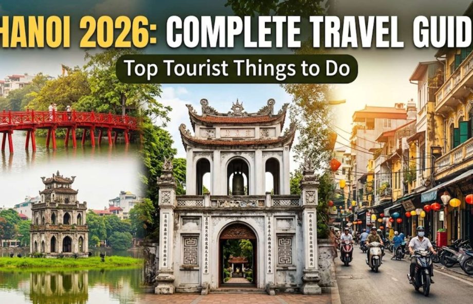 A comprehensive 2026 Hanoi travel guide featuring popular attractions like the Huc Bridge, Old Quarter, and Temple of Literature