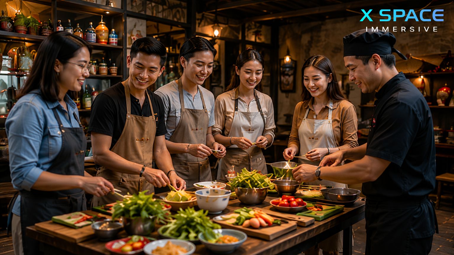 Visitors learning Vietnamese cuisine in a Hanoi cooking class