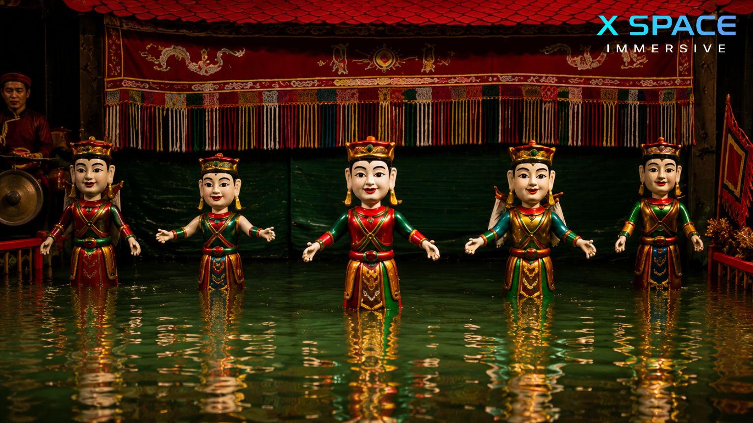 Traditional water puppet show performance in Hanoi Vietnam with colorful wooden puppets