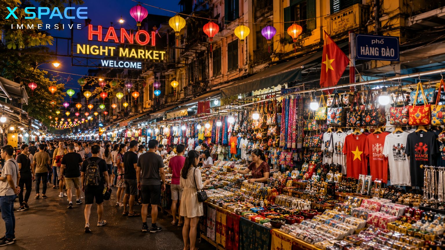 Hanoi Weekend Night Market with colorful lanterns, souvenir stalls, and lively evening atmosphere