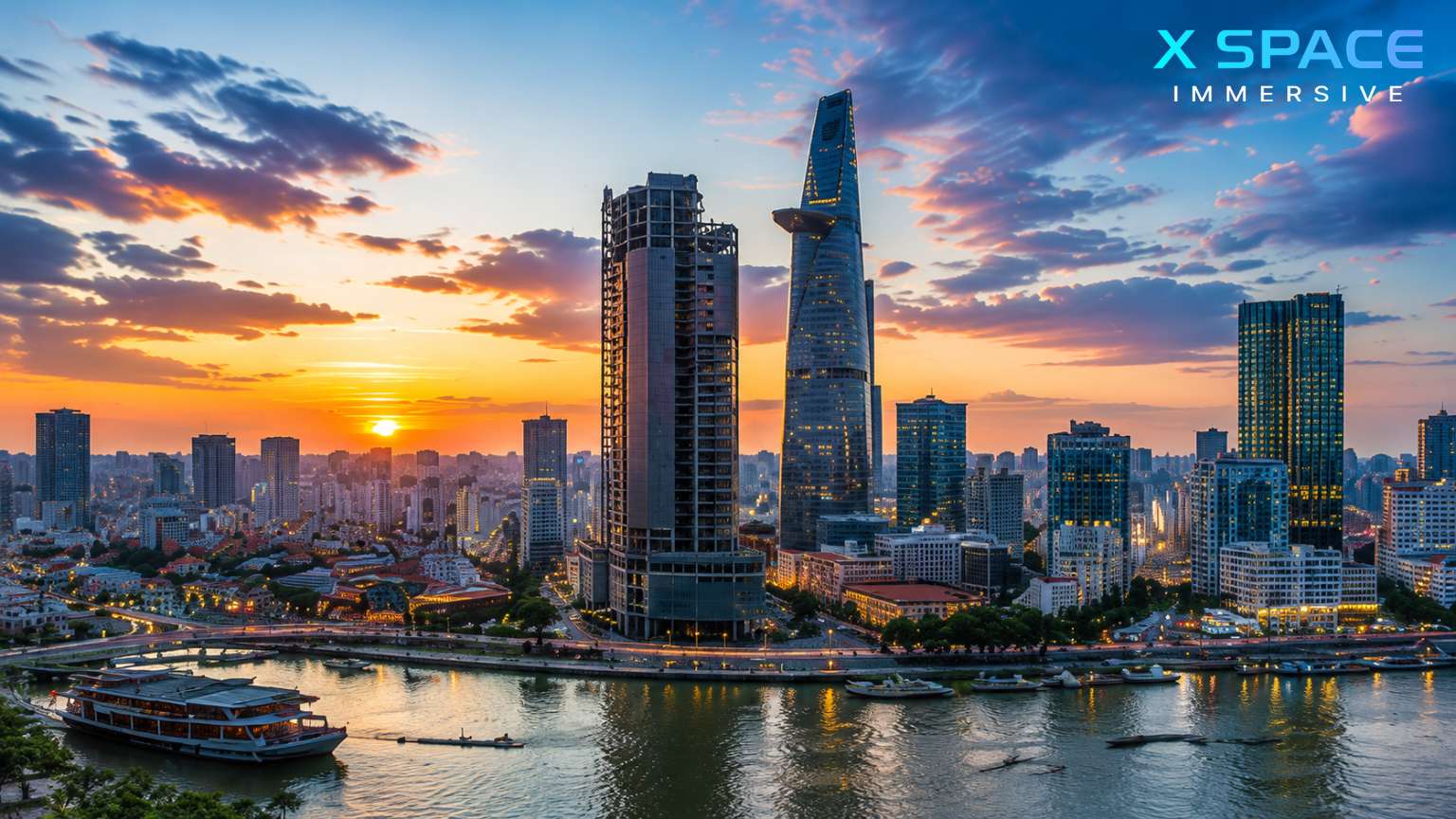 Ho Chi Minh City skyline at sunset overlooking the Saigon River