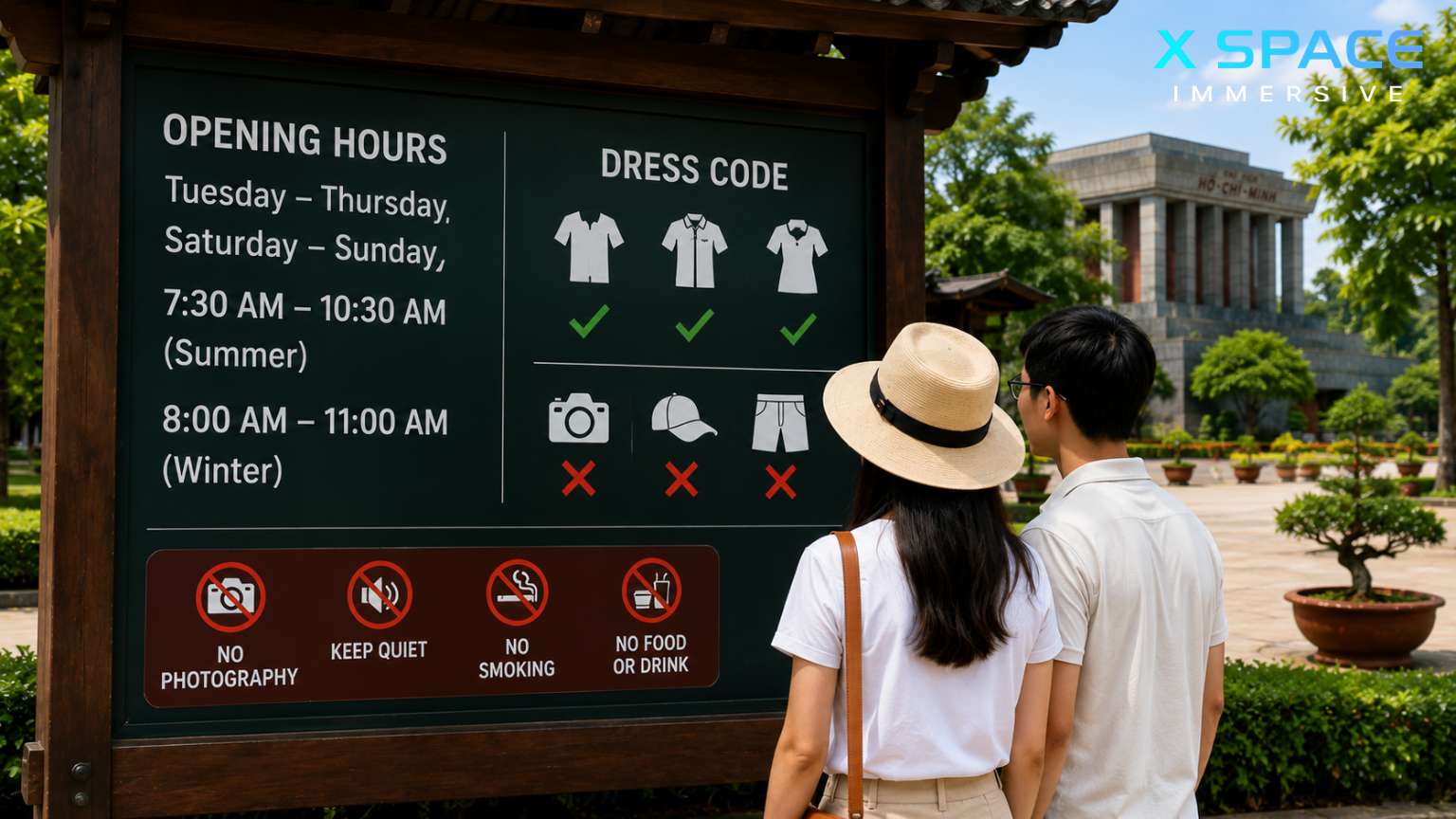 Visitors checking Ho Chi Minh Mausoleum opening hours and dress code before entering